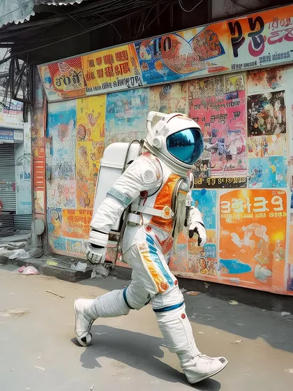 An astronaut runs through a street in 'Rocketganj' plastered with colorful posters. The contrast between the high-tech suit and the low-fi environment is central to my work.