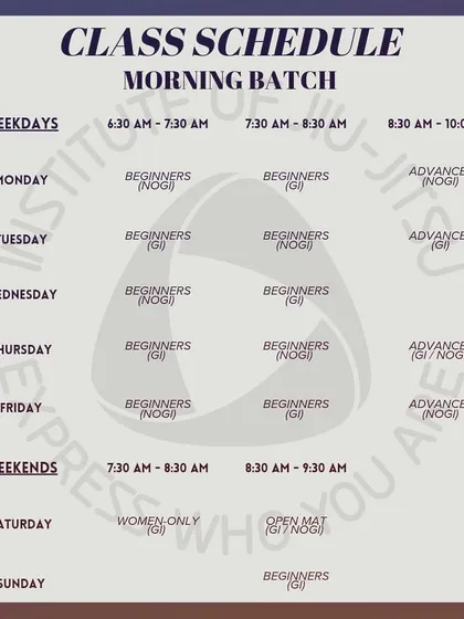 An updated morning class schedule showing our Gi and No-Gi sessions for both beginners and advanced practitioners.