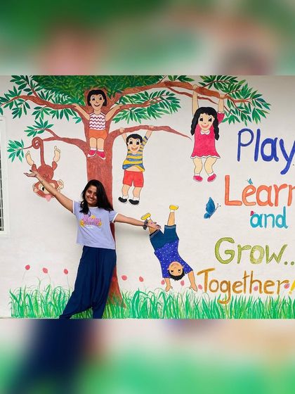 We had so much fun beautifying the walls of Ikshana Patashala, a preschool. We painted several murals, including a welcome wall with kids and flowers, and a large "tree of knowledge" doodle, to create a playful and inspiring environment.