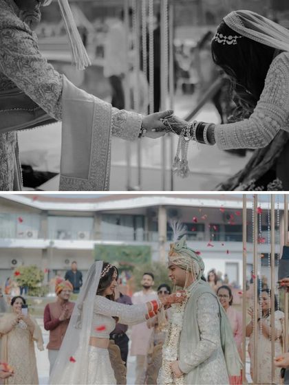 A collage showing the Varmala (garland exchange) and another ritual, with one shot in black and white to add a timeless feel.
