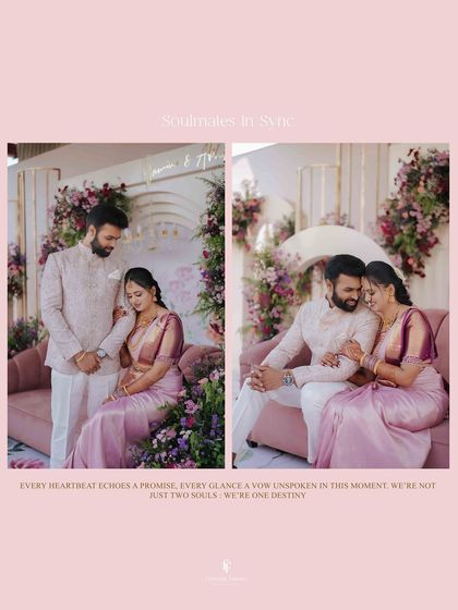 A collage titled "Soulmates in Sync," showing the couple in tender moments during their engagement. The text echoes the promise and destiny of their union.
