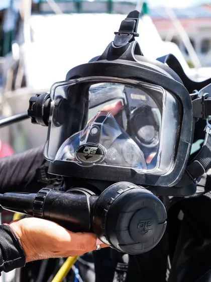 A close-up view of the OTS Guardian FFM in action. This perspective highlights the secure seal and clear visibility that make it a respected and reliable piece of equipment for any serious diver.