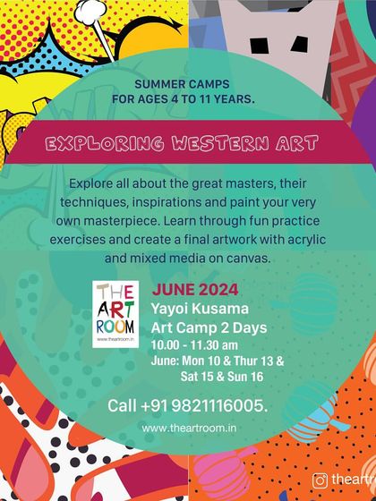 A flyer for our 2-day art camp exploring the dotted world of Japanese artist Yayoi Kusama. Includes dates and contact information to book your spot.