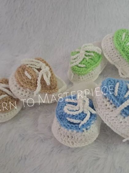 My sneaker-style booties are a popular choice for boys. They can be customized in many colors, like the green, beige, and blue versions shown here.