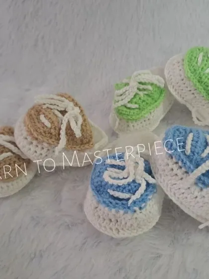 My sneaker-style booties are a popular choice for boys. They can be customized in many colors, like the green, beige, and blue versions shown here.