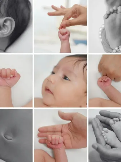 A collage of all the tiny details: little hands, feet, ears, and that cute belly button. This is a wonderful way to remember just how small they were.