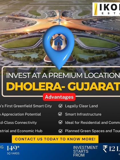 An investment opportunity in Dholera, Gujarat, India's first greenfield smart city. This graphic highlights the advantages, from high appreciation potential to smart infrastructure.