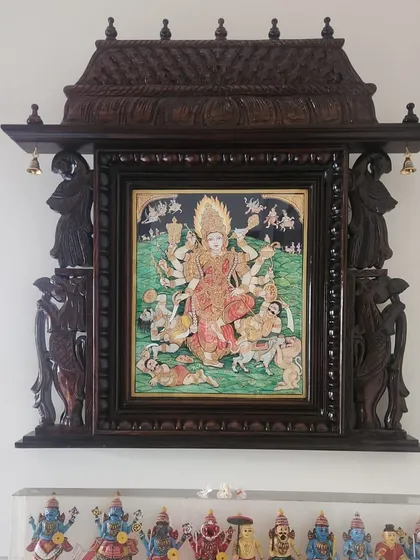 Divinity framed and cherished. Our exquisite Mysore painting of Goddess Chamundeshwari finds its perfect home in this traditional wooden frame, adding grace and blessings to our client’s space.