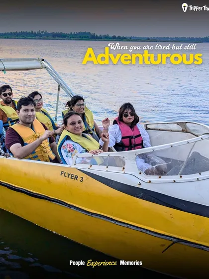 When you are tired but still adventurous. A group enjoys a speedboat ride in Pondicherry, showing that there's always energy for one more adventure, no matter how packed the day is.
