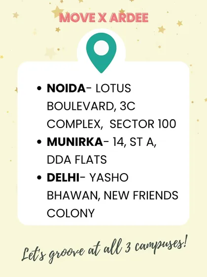 Here are the addresses for our Summer Dance Camp 2025 in collaboration with Ardee School campuses in Noida, Munirka, and Delhi.