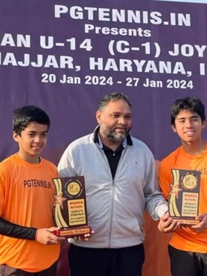 Aarav Dhekial and his partner Viraj Chaudhary after winning the Boys U14 Doubles title at the Asian Tennis Championship in Jhajjar.
