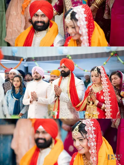 A collage of the couple during their Anand Karaj ceremony in the Gurudwara, capturing the sacred and serene moments.