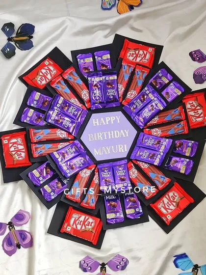 Personalized for Mayuri's birthday, this butterfly chocolate explosion box is ready to create a magical moment.