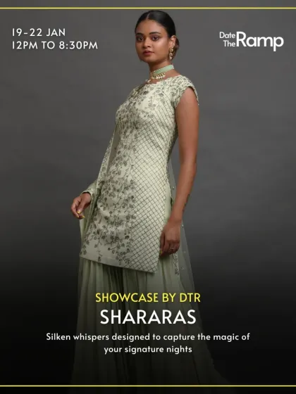 A model poses in a sophisticated mint green sharara set from our showcase. The delicate embroidery and subtle color palette offer an elegant and understated option for daytime events.