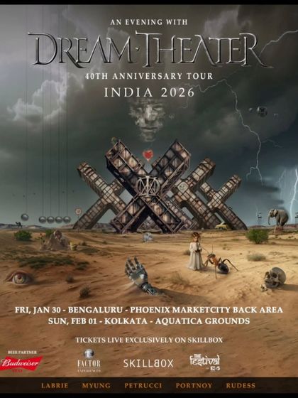 The main poster for Dream Theater's 40th Anniversary Tour in India, featuring surreal artwork and dates for Bengaluru and Kolkata.