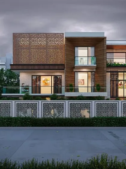 An example of luxury living with a design that incorporates decorative CNC-cut panels on the facade and boundary wall. The combination of wood cladding and glass railings creates a modern and elegant exterior.