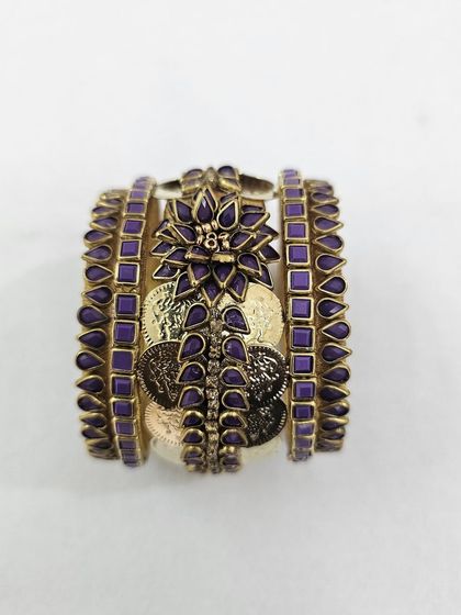 Detailed shots of the purple silk thread bangle set, highlighting the intricate kundan and coin work from every perspective.