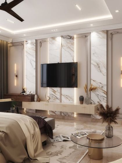 This bedroom suite is defined by its elegant marble-paneled walls and classic molding. Our renders capture the sophisticated blend of materials and the calm, hotel-like luxury of the space.