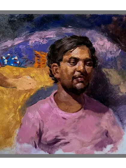 A vibrant oil portrait study with an abstract, colourful background, showing my use of the impasto technique.