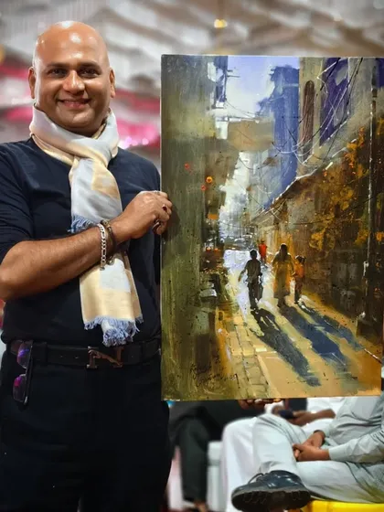 Another portrait with my finished painting, capturing the sense of accomplishment and gratitude I feel after each creative session.