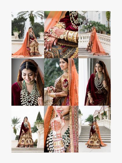 A collage of the bride's heritage look, showcasing details from her intricate jewelry to the beautiful embroidery on her lehenga, capturing her regal charm.