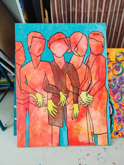 A painting about solidarity and protection. The figures huddle together, their hands forming a shield. This piece is part of my studio sale.