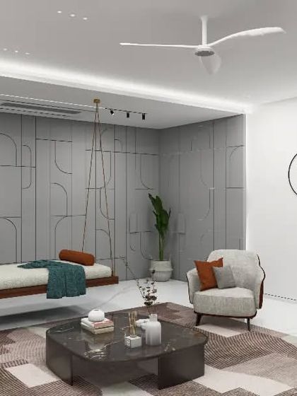 This render illustrates the formal living area at Park West, where a suspended swing offers a unique seating element. The design balances comfort with a refined aesthetic, using a neutral palette and clean lines to create a timeless look.