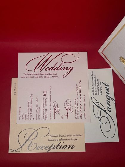 A display of the different inserts for a wedding celebration. Each card, from the Wedding to the Sangeet and Reception, is clearly defined yet part of a single, elegant story.