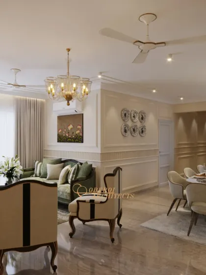 The final, fully furnished and lit space, demonstrating how the initial vision is brought to life with textures, colors, and classic furniture.