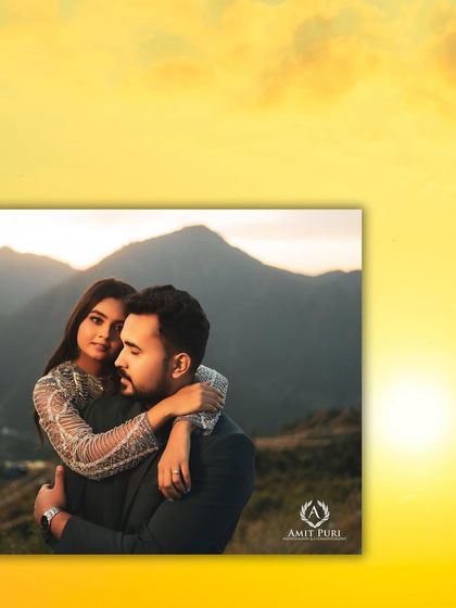 A collage of romantic portraits set against a golden sunset over the mountains. The warm light and the couple's close embrace create a series of incredibly romantic and atmospheric images.