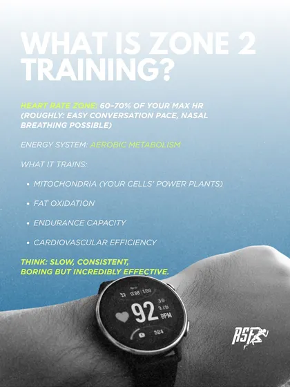 Zone 2 training is done at 60-70% of your max heart rate and trains your aerobic metabolism. It's slow and consistent, but incredibly effective for building an endurance base.