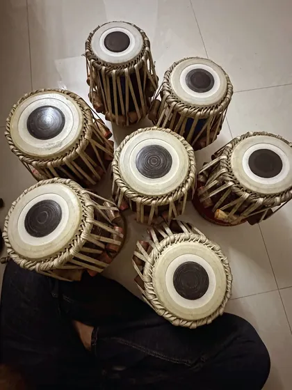 My beloved set of tablas. Each one is tuned to a different scale, allowing me to be ready for any recording session or performance, no matter the key of the song.