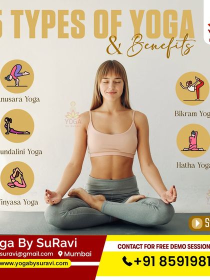 This graphic introduces five types of yoga and their benefits, including Anusara, Kundalini, and Hatha, to help you find your ideal practice.