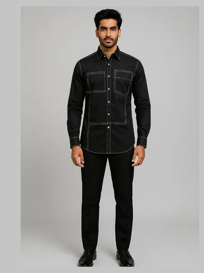 Another framed, full-length shot that emphasizes the shirt's modern aesthetic and its place in a sophisticated wardrobe.
