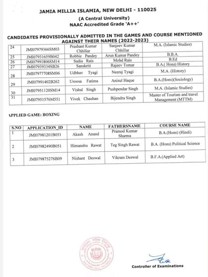 The 2022-23 admission list continues with more from Basketball and the list for Boxing. It shows the successful candidates and their courses, such as B.A. (Hons) Political Science.