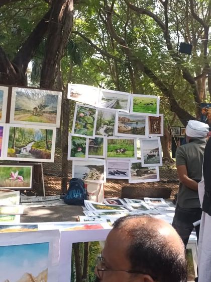 My stall at the 22nd Chithrasanthe, with various watercolour landscapes on display for the public.