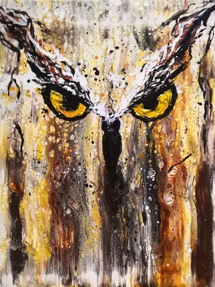 This piece is an example of an embellished acrylic pour, where I combine the fluid, abstract background with brushwork to create a specific form. The intense eyes of the owl emerge from the earthy tones, showing how I can create unique animal portraits with a modern, abstract twist.