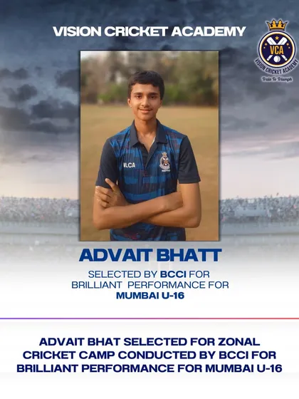 Recognition at the national level. Advait Bhatt was selected for the Zonal Cricket Camp conducted by the BCCI for his brilliant performance representing Mumbai U-16, showcasing the pathway we create for our players.