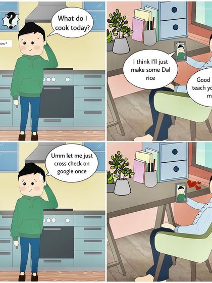 The daily "what to cook" dilemma, captured in a custom comic. These illustrations are all about celebrating the small, everyday interactions that make a relationship special.