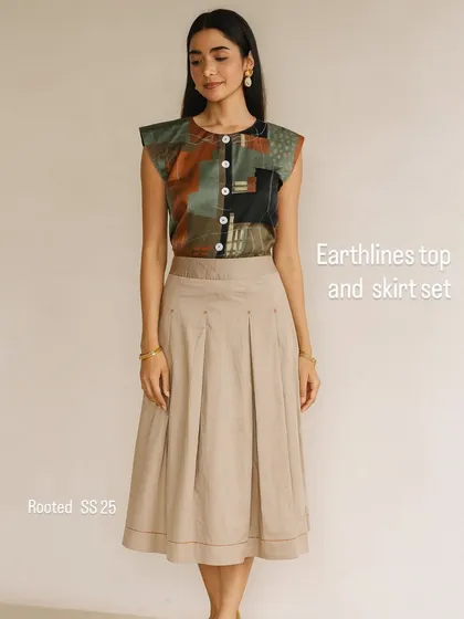 The Earthlines top and skirt set is an ode to grounded elegance. The top features my abstract art in earthy tones, while the pleated skirt offers a timeless silhouette. Crafted from premium, breathable fabric, this co-ord set is designed for comfort without sacrificing style.