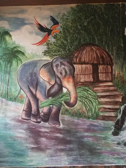 The complete view of the monsoon landscape mural. This piece features an elephant, a hut, and a bird of paradise, capturing the essence of a lush, tropical paradise.