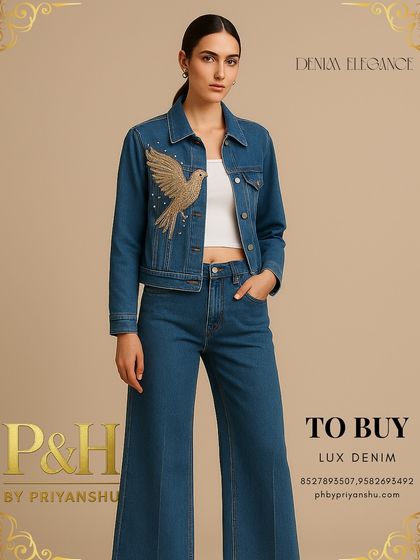A close-up of the denim jacket, providing a detailed look at the hand-embroidered golden bird.