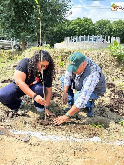 Peepal Baba guides a volunteer from EXL at the Ecotech 8 plantation drive. His hands-on involvement inspires and educates volunteers, passing on decades of experience.