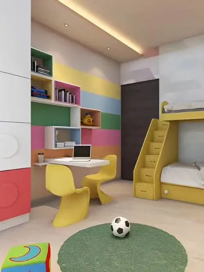 A colorful and fun kids' room with a LEGO-themed wardrobe and a bright yellow bunk bed. The design includes a compact study area for two, making it perfect for siblings.