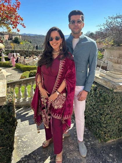 Tailored for travel. For this destination wedding, I dressed Chirag in a relaxed yet refined jacket paired with pastel trousers, perfect for a stylish wedding guest.