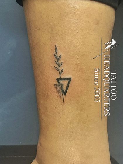 A small geometric tattoo combining a triangle with a leafy branch, blending nature and modern shapes.