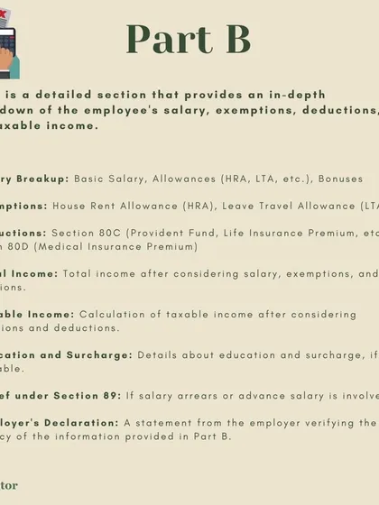 This image details Part B of Form 16. It provides an in-depth breakdown of your salary, including allowances, bonuses, deductions, and the final calculation of your taxable income.