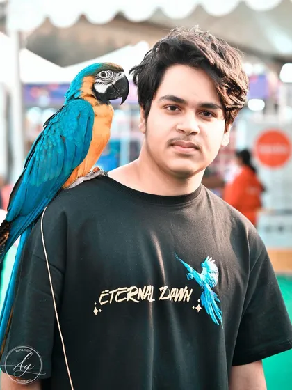 It's not every day you get to photograph a stunning Blue and Gold Macaw. This shot from a pet festival shows that I’m ready to work with all kinds of animals. The vibrant colors and the calm bond with his human were incredible to witness.