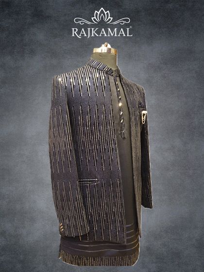 A side view of the navy blue striped jacket, showing its full length and tailored fit.
