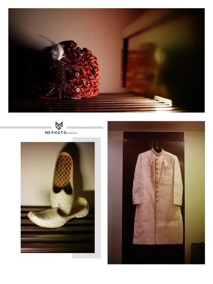 A collage focusing on the groom's wedding accessories. This layout features artistic shots of the groom's turban (pagri), traditional shoes (juttis), and his sherwani, highlighting the details that complete his look.